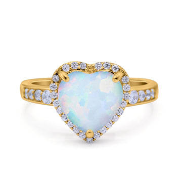 Halo Heart Promise Ring Yellow Tone, Lab Created White Opal 925 Sterling Silver